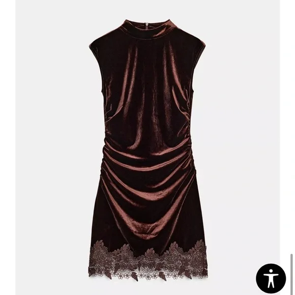NWT Zara Velvet Lace Dress - Dark Brown - Size M - Picture 6 of 9